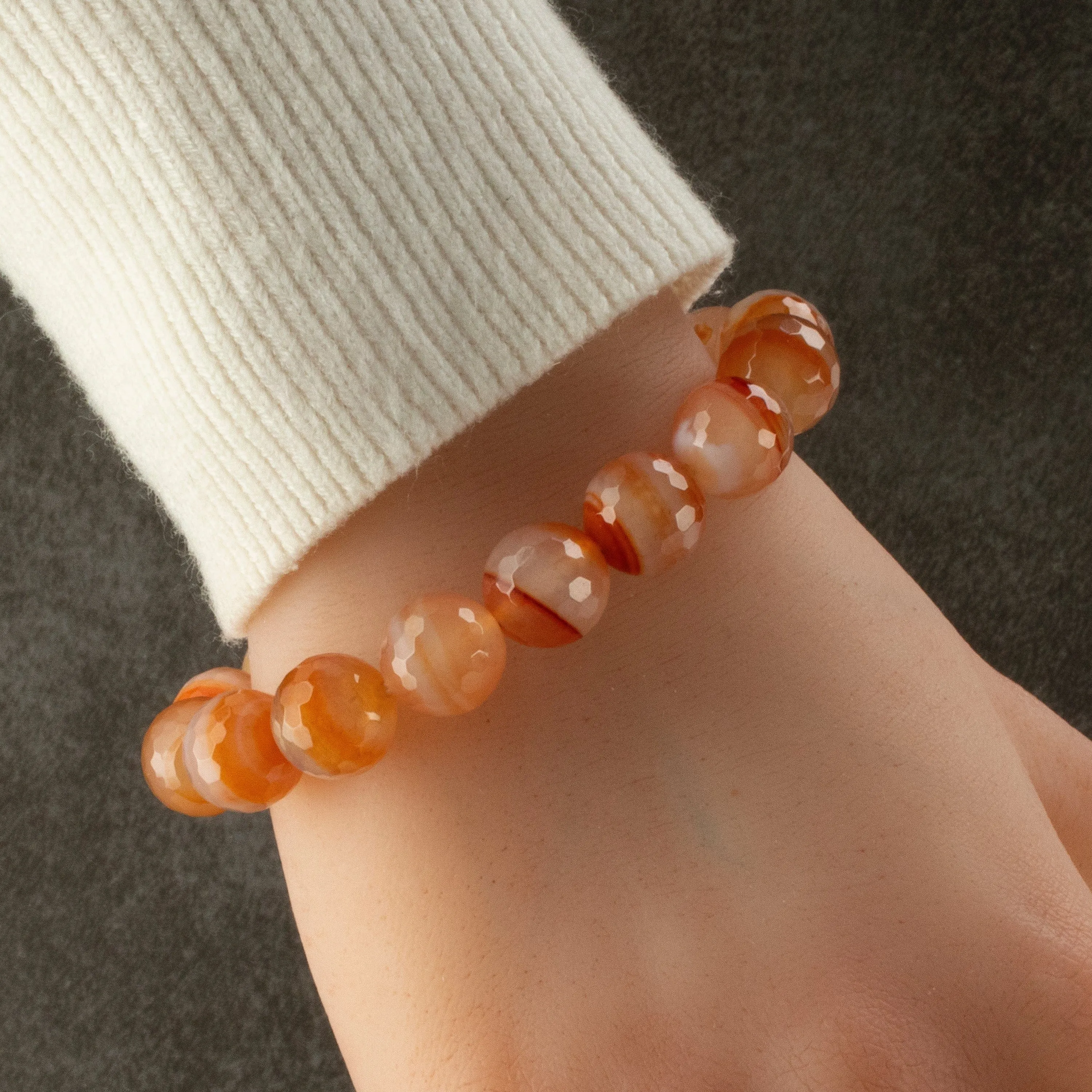 Faceted Banded Carnelian 12mm Gemstone Bead Elastic Bracelet