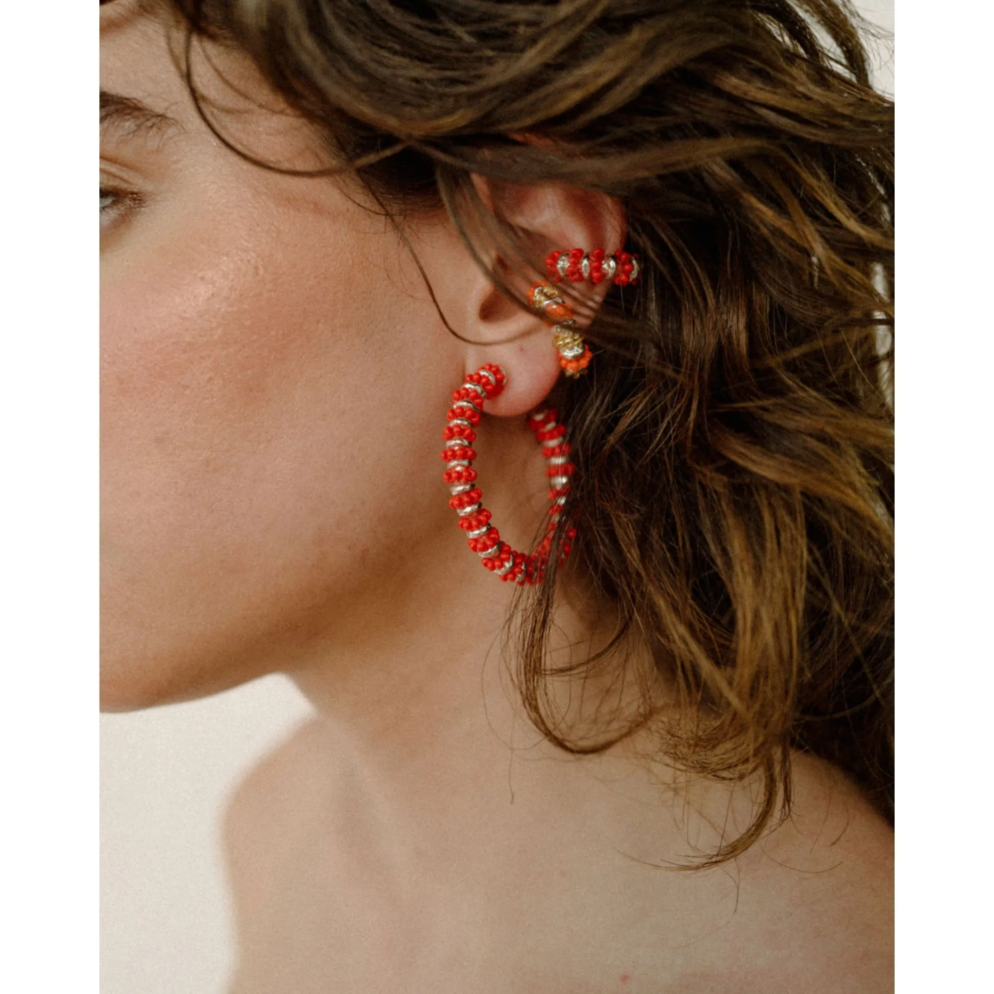 Formation Beaded Ear Cuff Red (Silver)