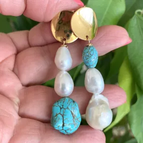 Freshwater Baroque Pearl Gold Dangle Drop Earrings with Turquoise