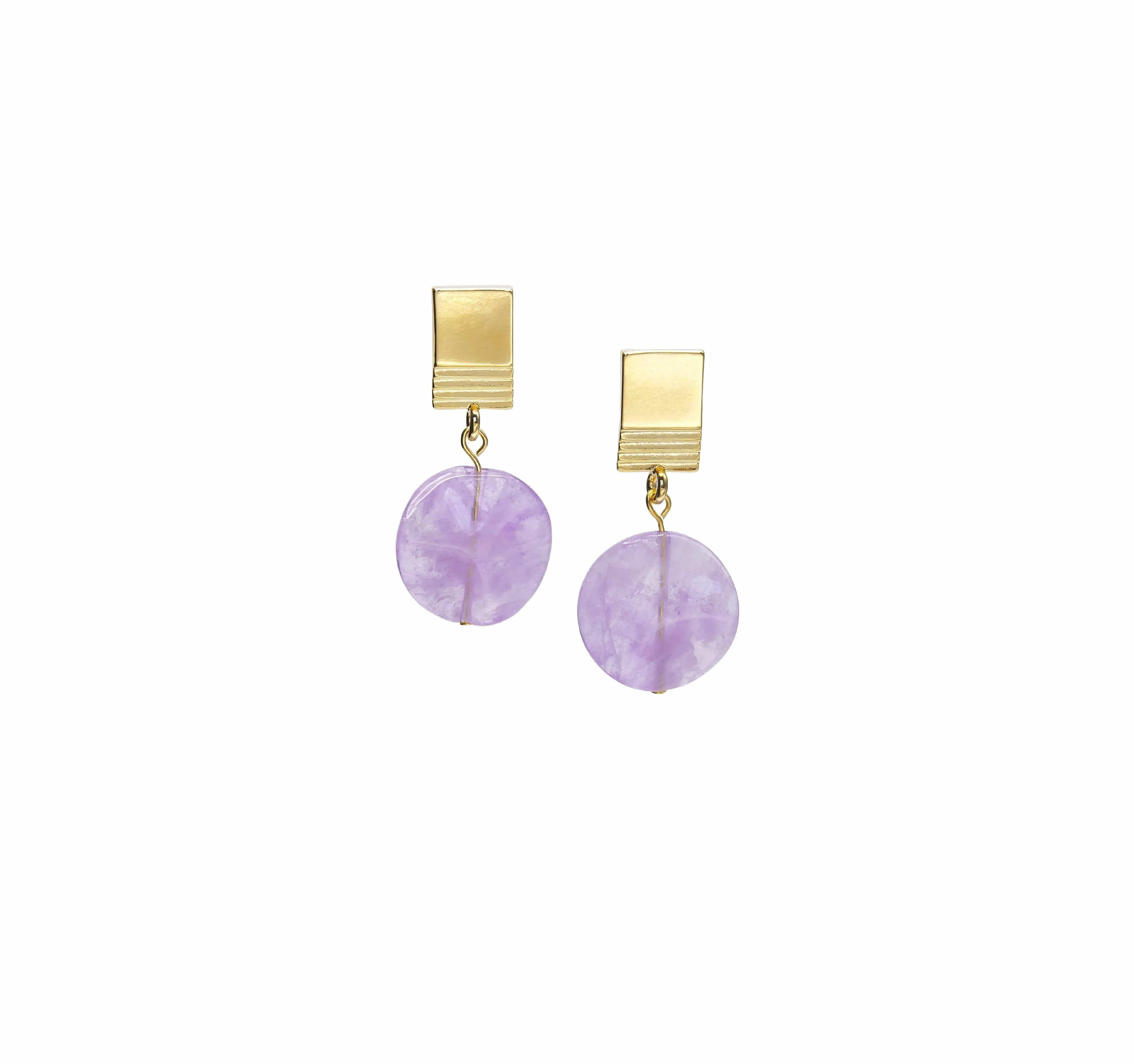 gold layered square   wavy amethyst earrings