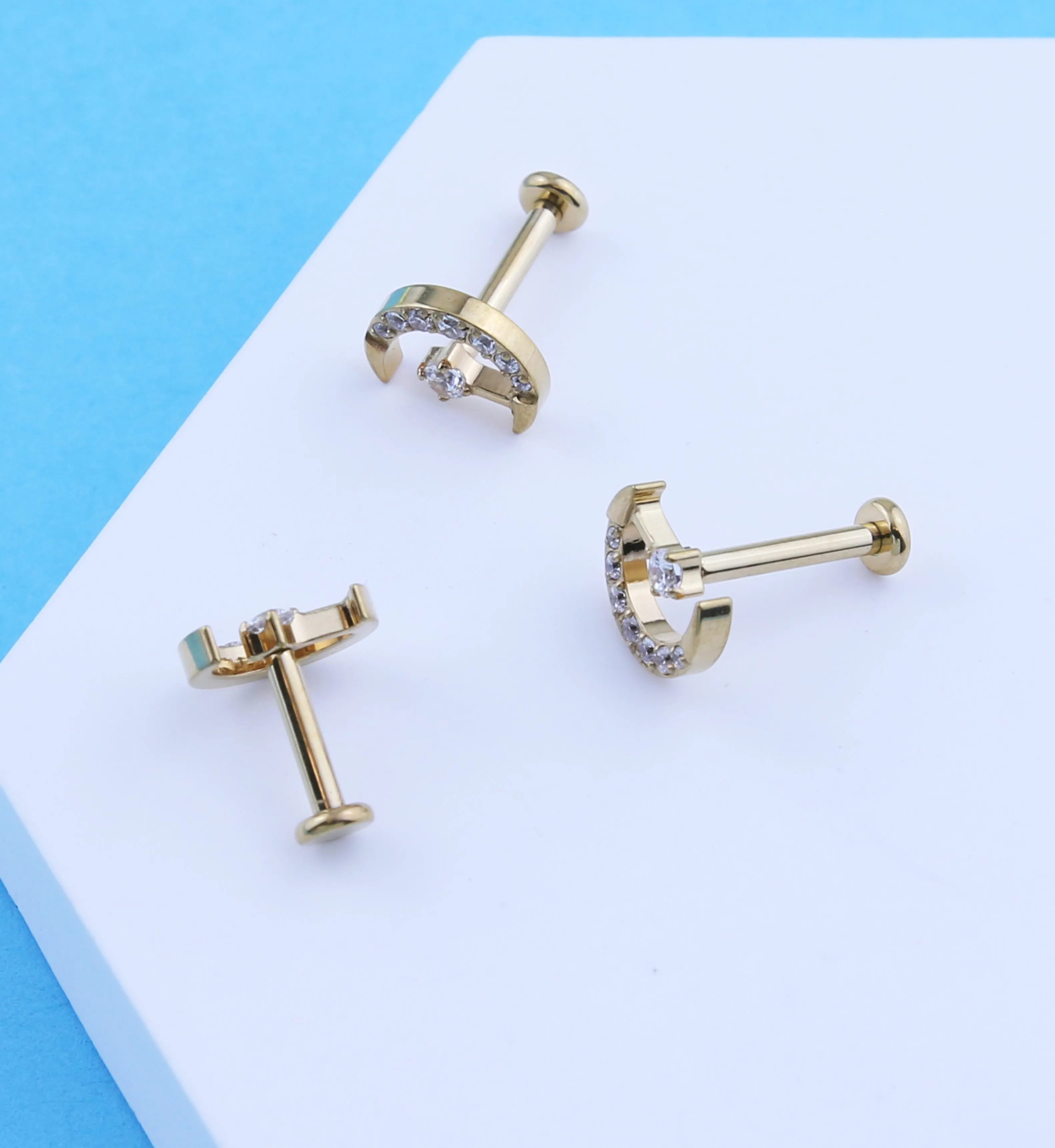 Gold PVD Half Moon Clear CZ Drop Internally Threaded Titanium Labret