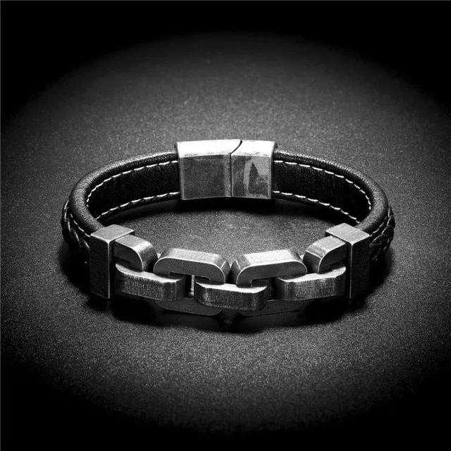 Gunmetal Stainless Steel Leather Biker Chain Bracelet