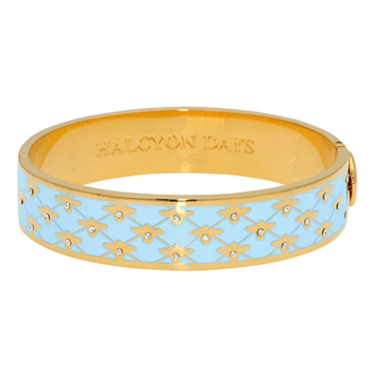 HALCYON DAYS 18K YELLOW GOLD 13MM BEE SPARKLE FORGET-ME-NOT ENAMEL BANGLE BRACELET