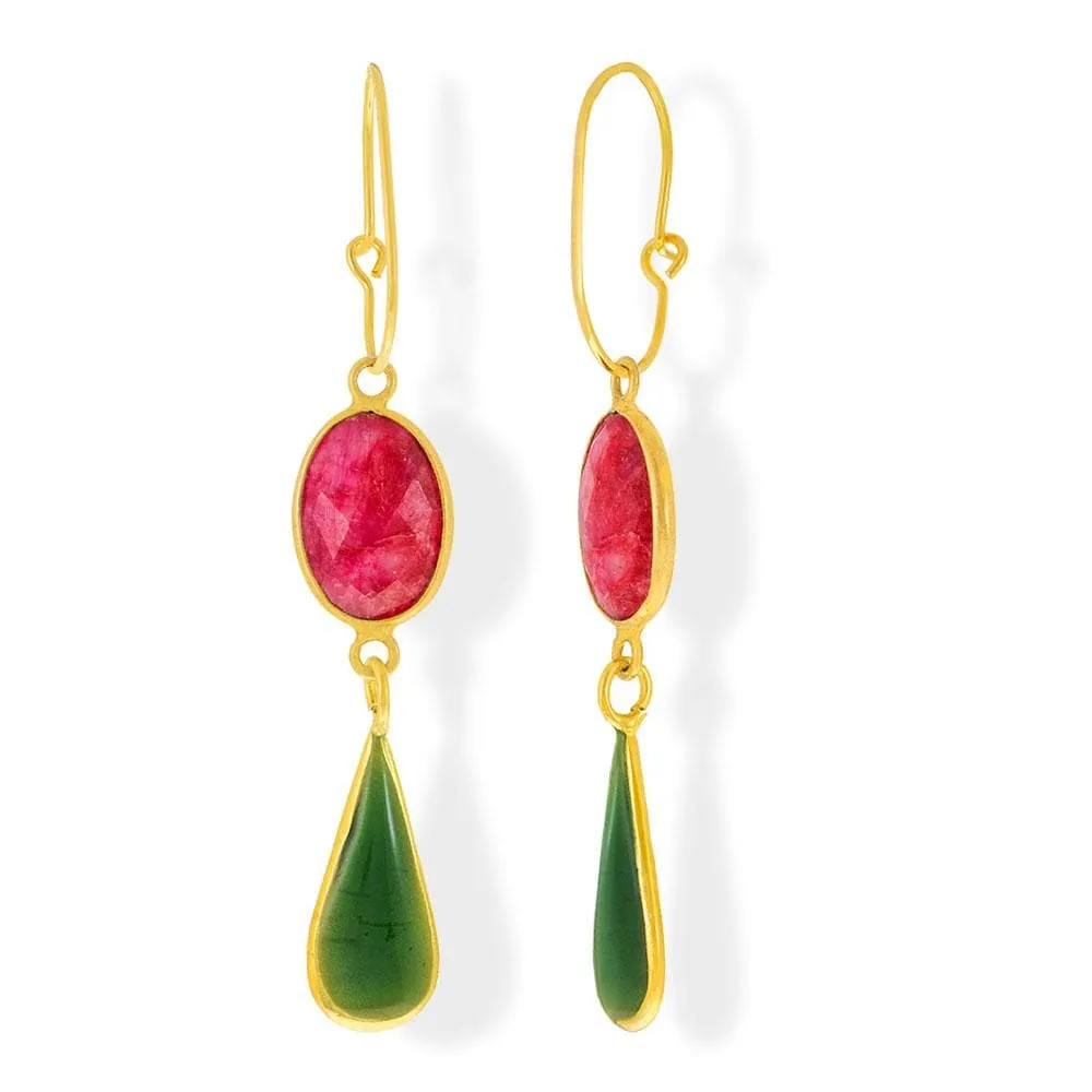 Handmade Gold Plated Silver Lacrima Earrings With Fucsia Jade & Green Enamel