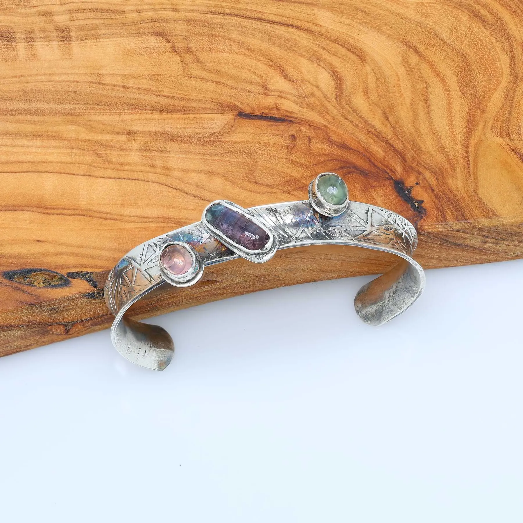 Highlands - Tourmaline Textured Silver Cuff Bracelet