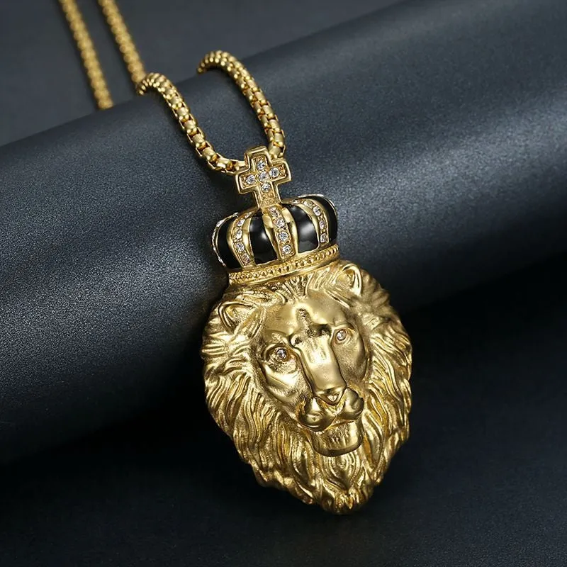 Hip Hop British Style Gold Plated Zircon Crown Lion Head Pendant