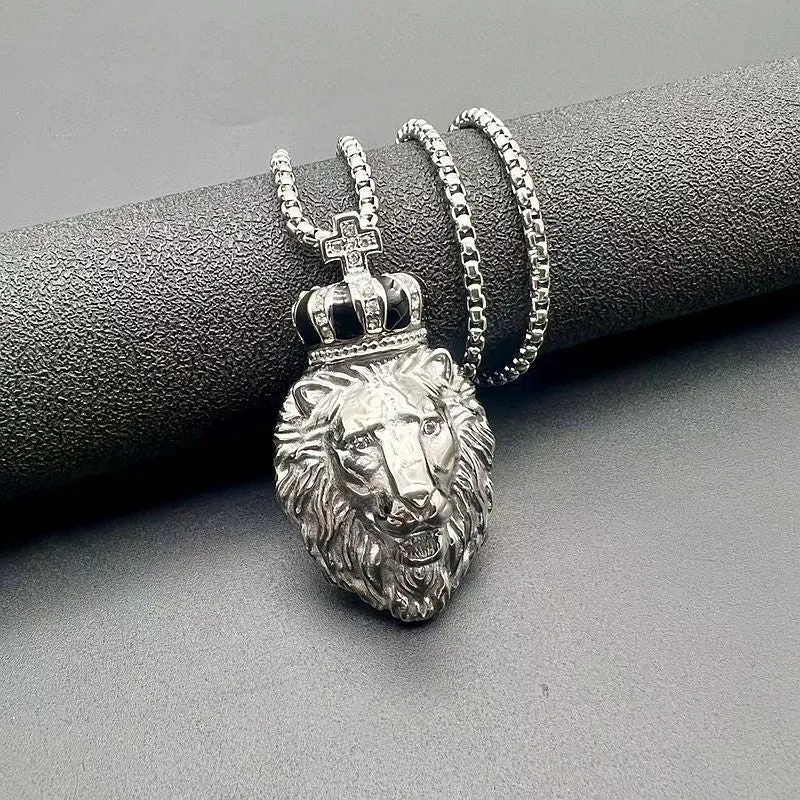 Hip Hop British Style Gold Plated Zircon Crown Lion Head Pendant