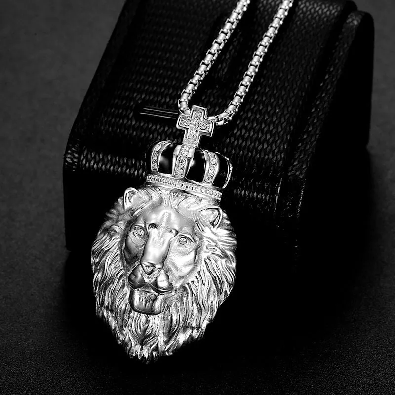 Hip Hop British Style Gold Plated Zircon Crown Lion Head Pendant