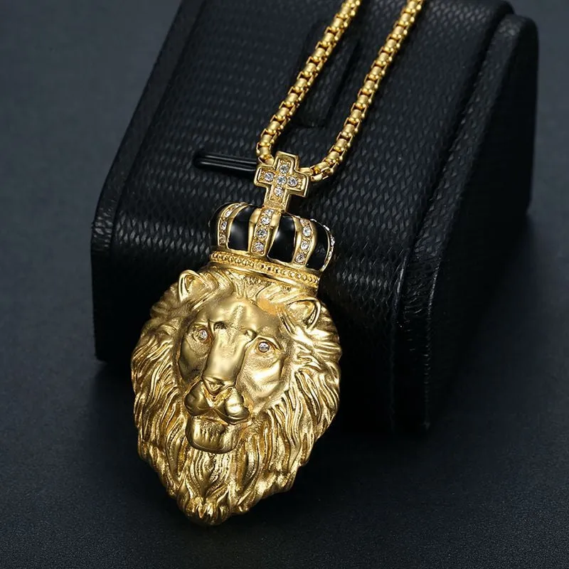 Hip Hop British Style Gold Plated Zircon Crown Lion Head Pendant