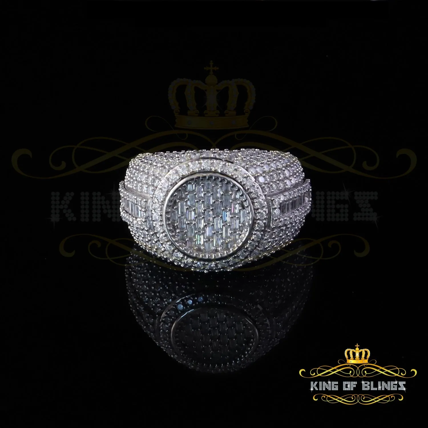 King of Bling's Men's/Womens 925 Silv White 5.50ct Buguette VVS 'D' Moissanite Round Ring SZ 10