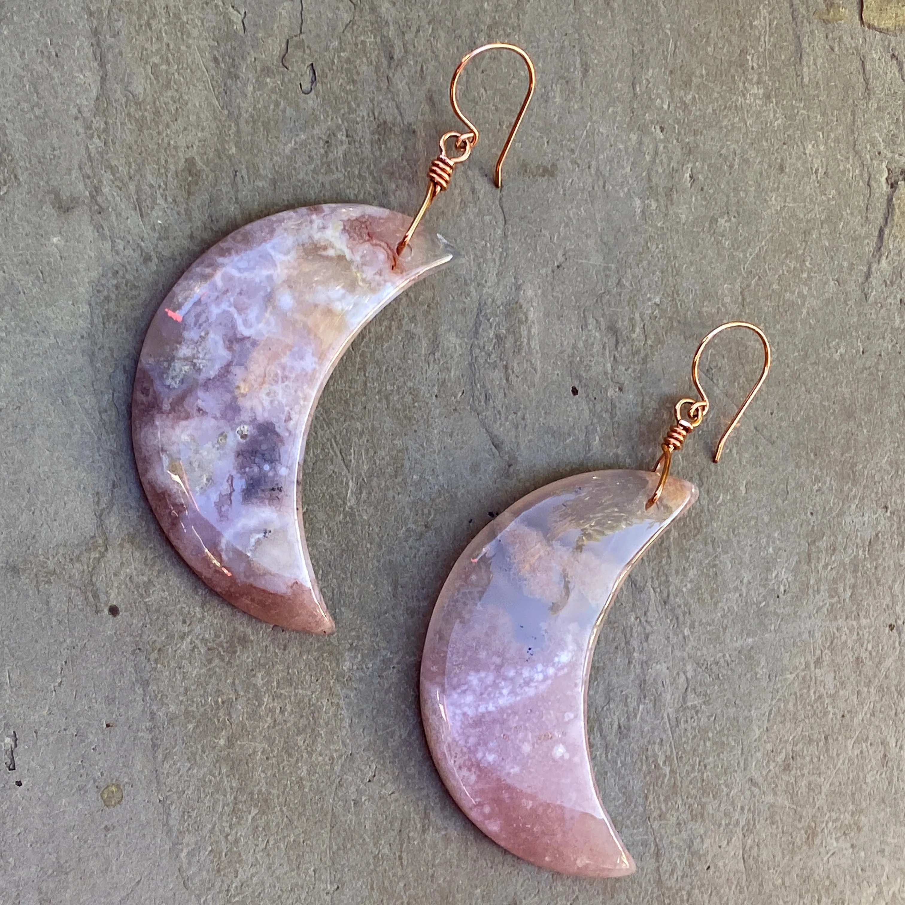 Large Natural Sakura Agate Moons with 14 Kt Rose Gf Drop Earrings