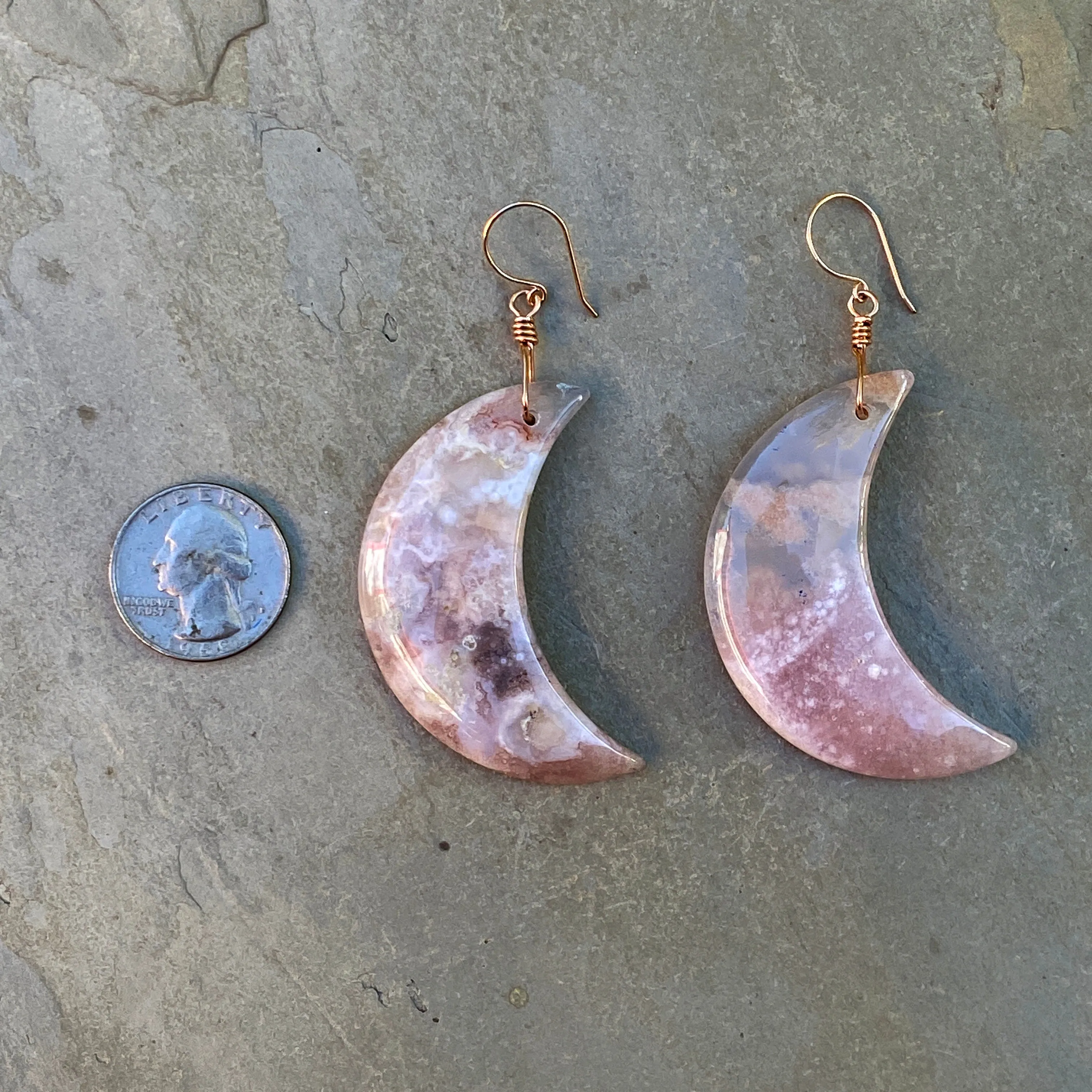 Large Natural Sakura Agate Moons with 14 Kt Rose Gf Drop Earrings