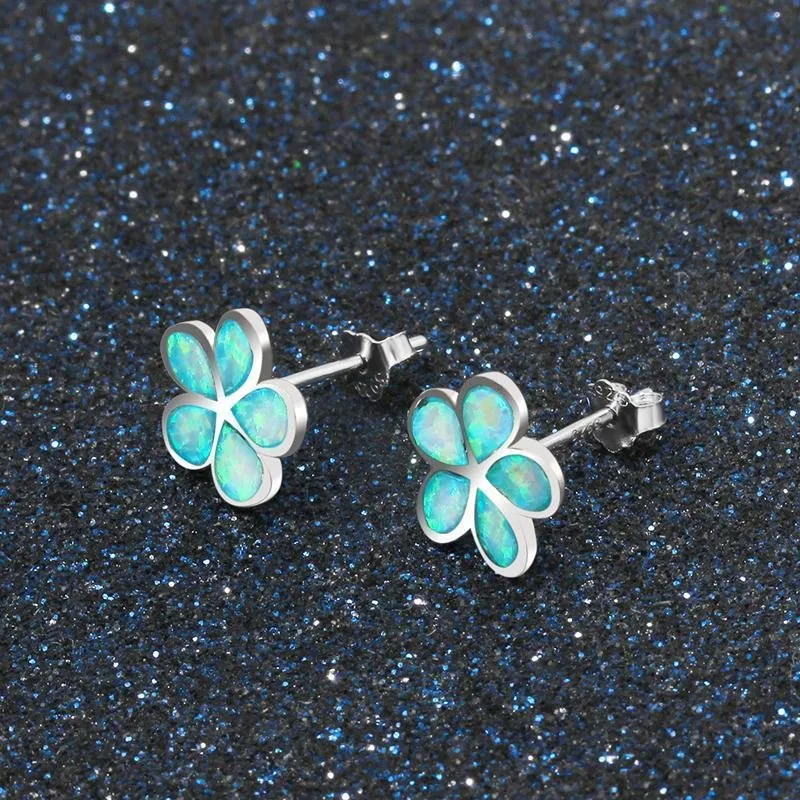 Leaf Design Blue Opal Silver Earrings