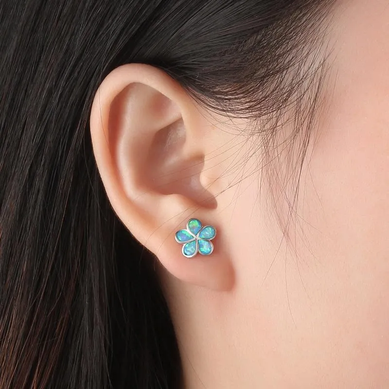 Leaf Design Blue Opal Silver Earrings