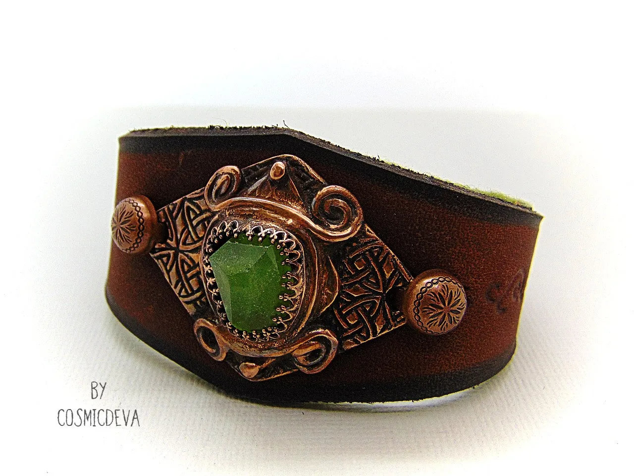 Leather Cuff Bracelet With Raw Green Peridot Gemstone And Copper, Size 7.5