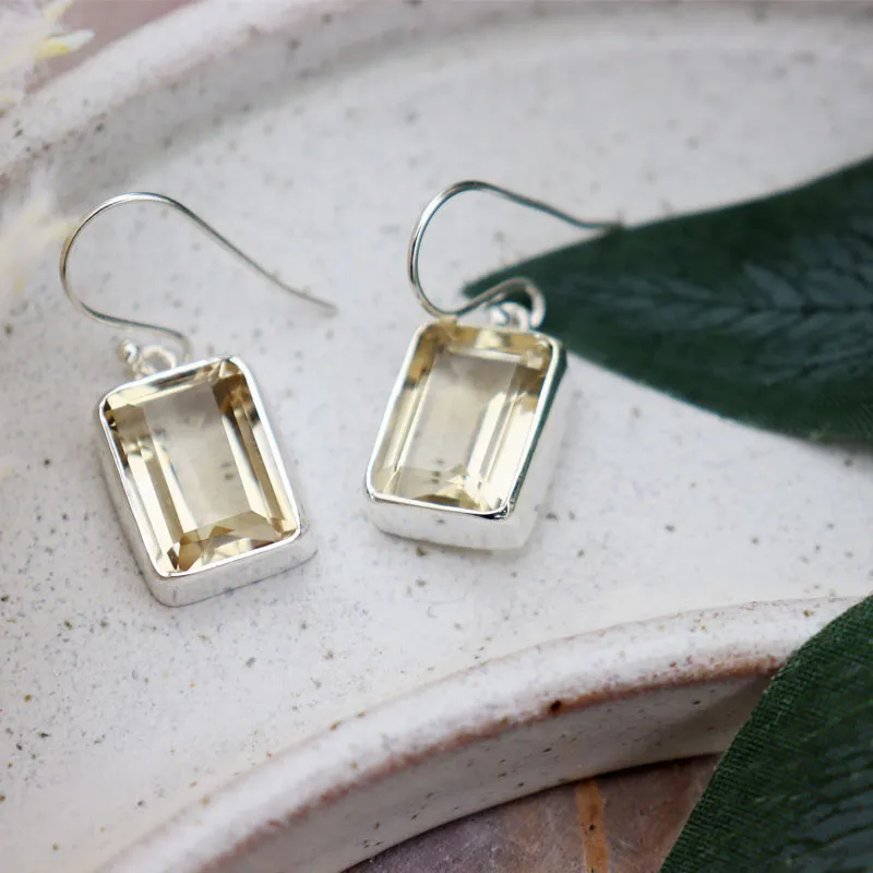 Lemon Quartz Rectangle Gemstone Earrings