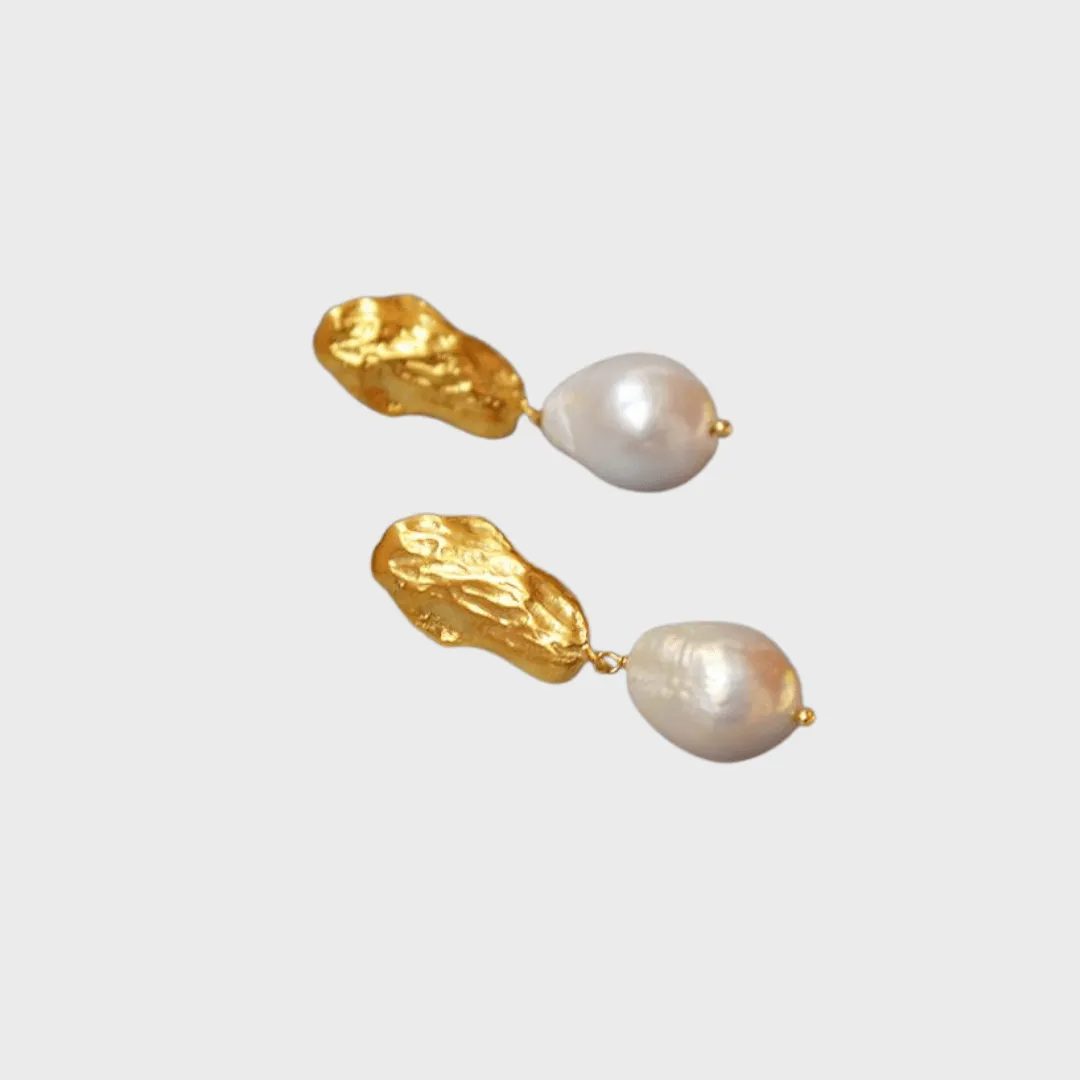 Long drop gold baroque pearl earrings