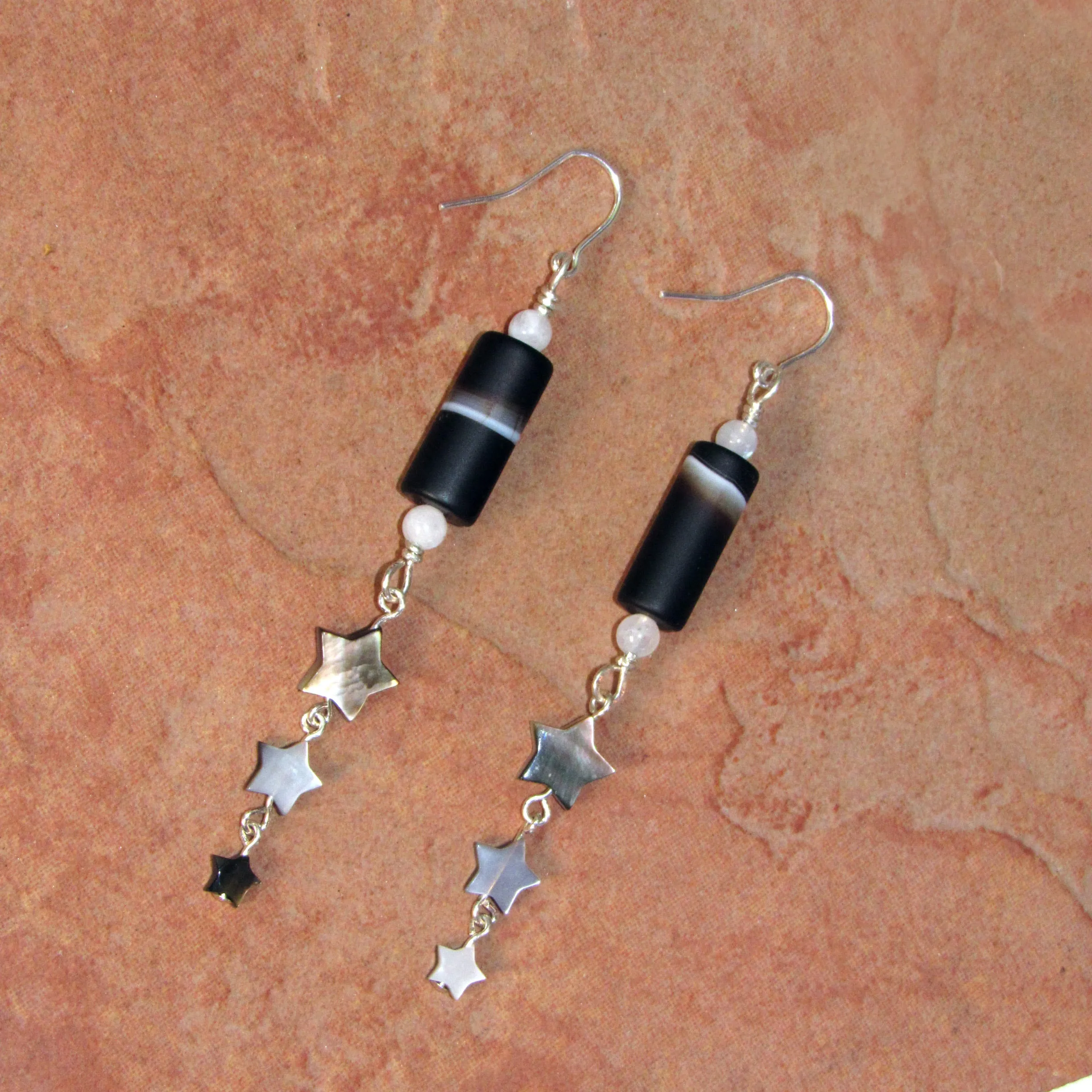 Matte Black Agate, Moonstones, Sterling Silver, Mother of Pearl Drop Earrings