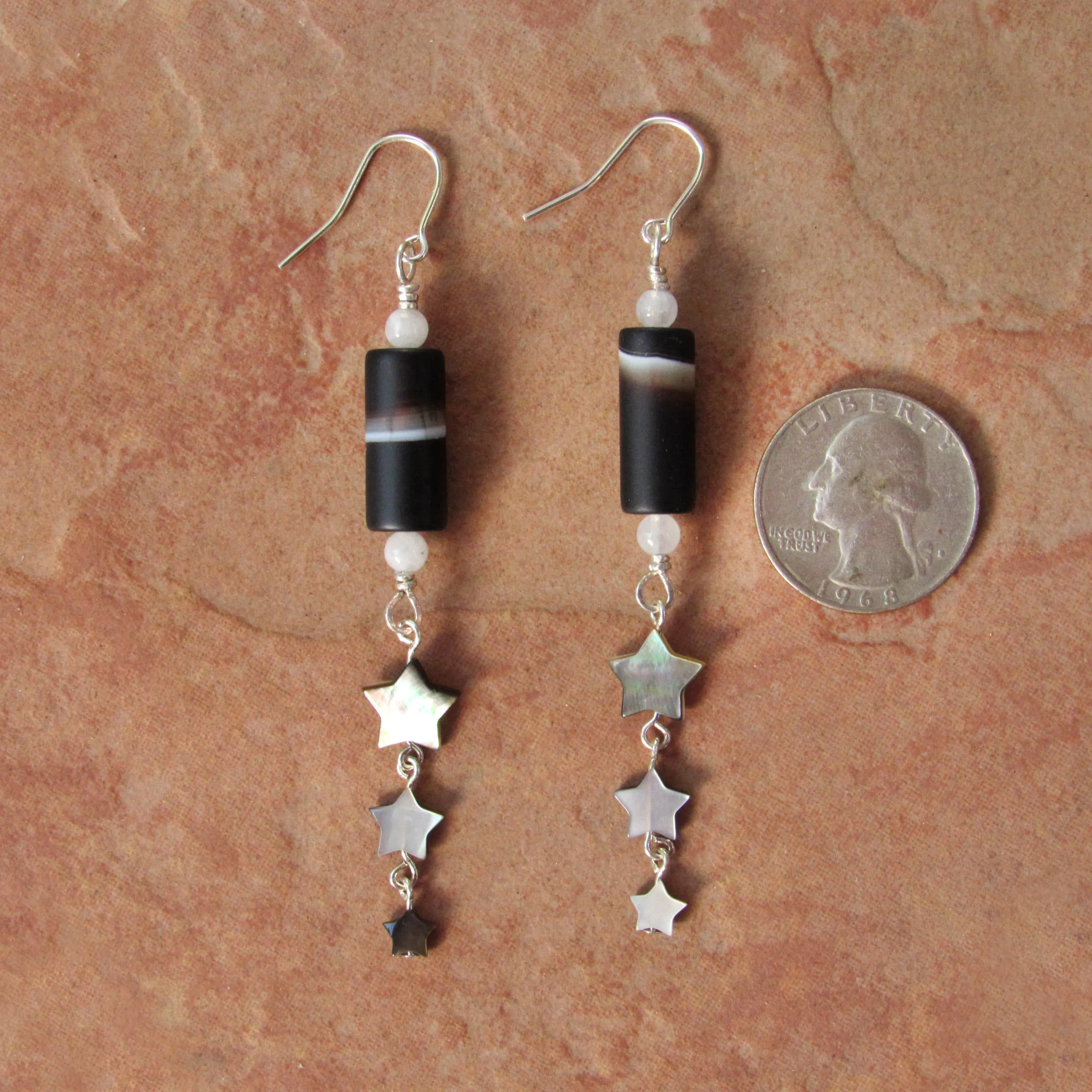 Matte Black Agate, Moonstones, Sterling Silver, Mother of Pearl Drop Earrings