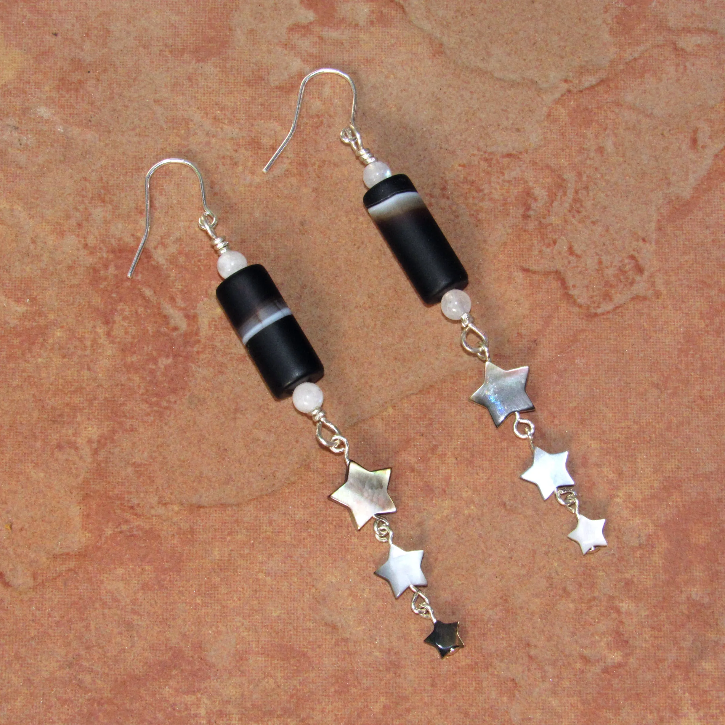 Matte Black Agate, Moonstones, Sterling Silver, Mother of Pearl Drop Earrings