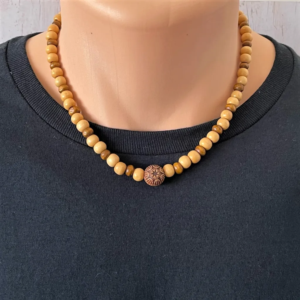 Mens Beige and Brown Wood Beaded Necklace