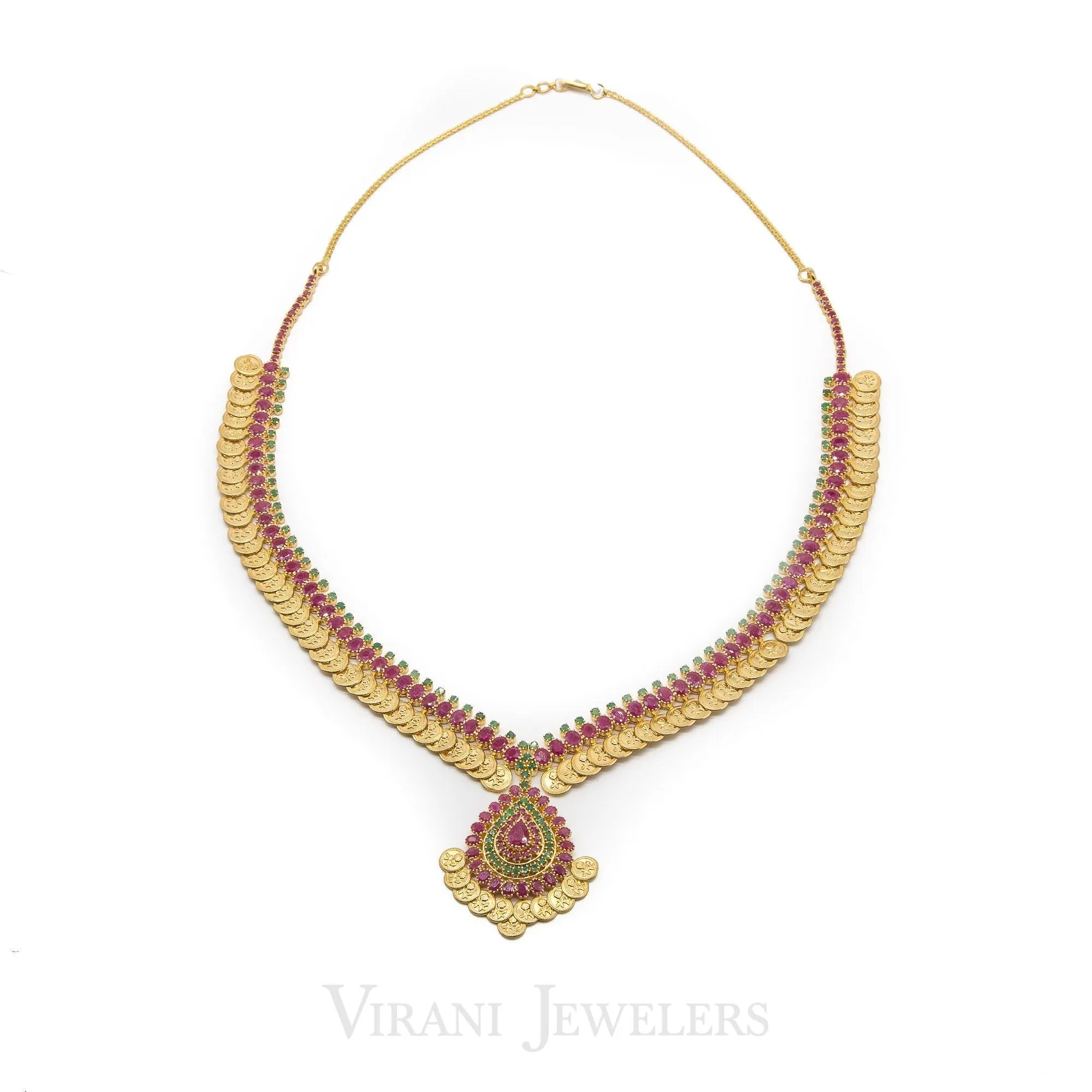 Multi-Stone Ruby& Emerald Kasu Drop Necklace and Earrings Set in 22K Yellow Gold