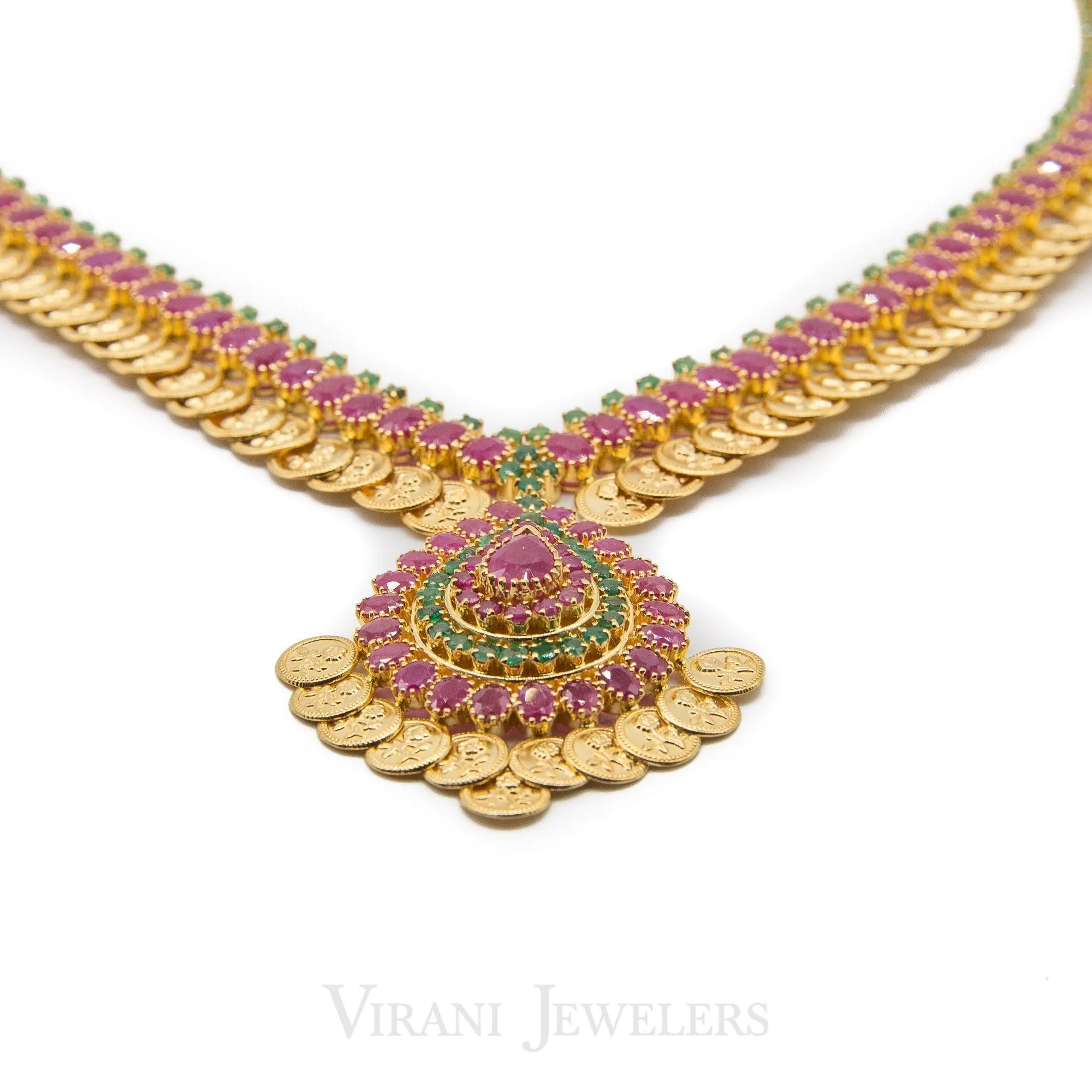 Multi-Stone Ruby& Emerald Kasu Drop Necklace and Earrings Set in 22K Yellow Gold