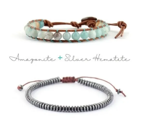 Natural Amazonite Wrap   Silver Hematite Shamballa Bracelet