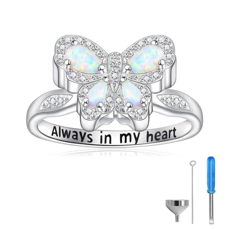 Opal Butterfly Urn Rings for Ashes of Loved Ones 925 Sterling Silver Cremation Keepake Rings Memorial Jewelry for Women