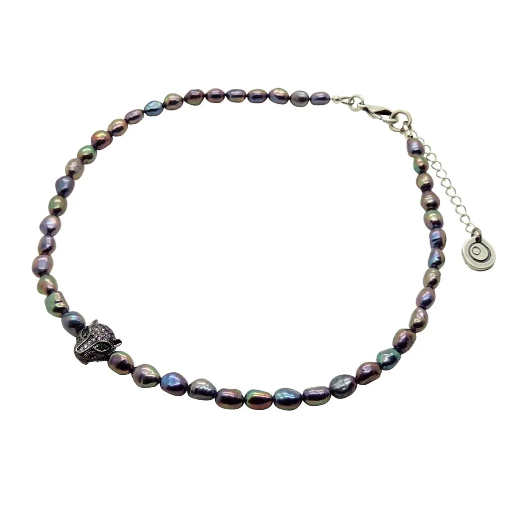 Panther Charm Peacock Pearl Choker