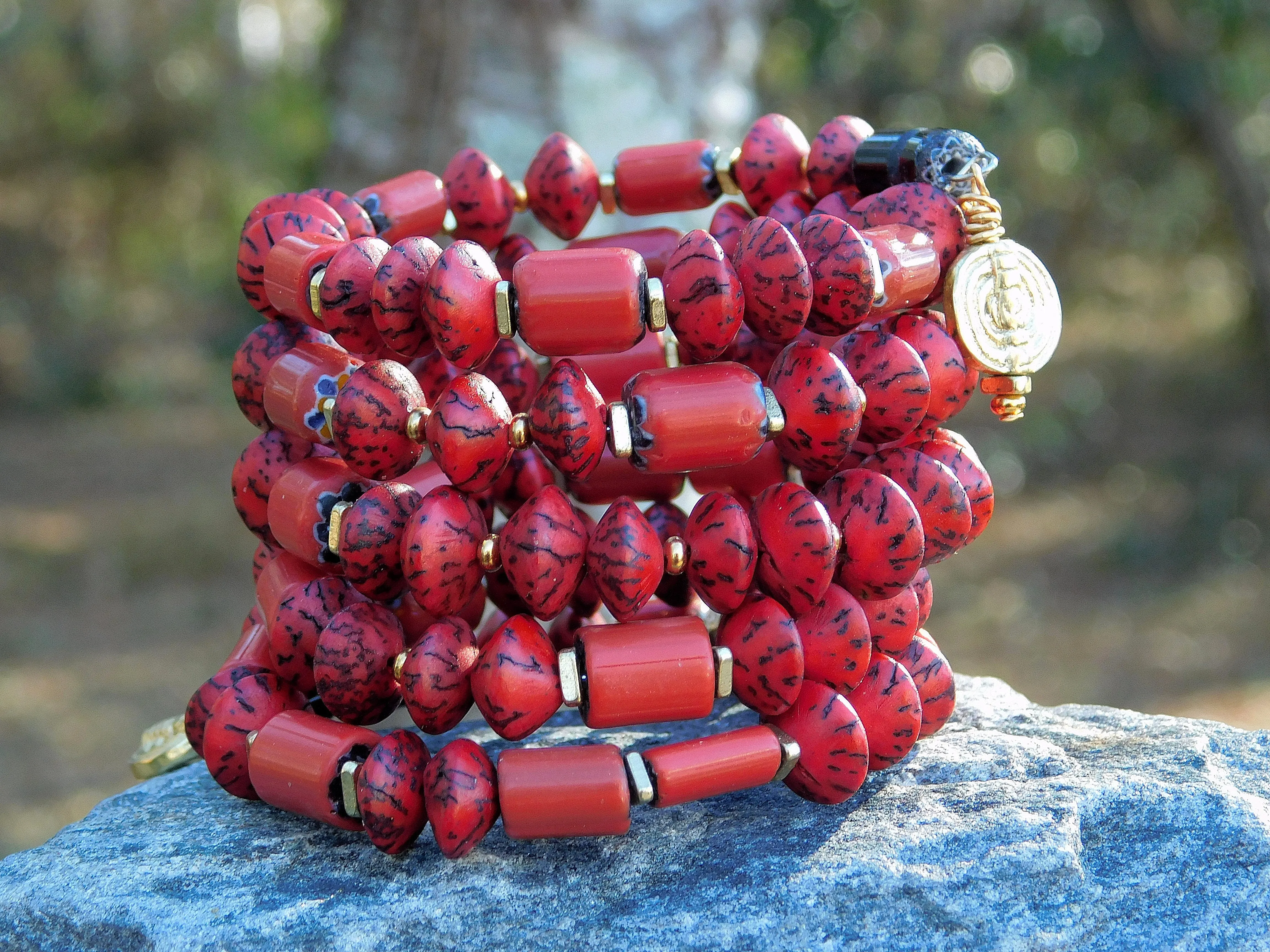 Red Salwag Natural Saucer Seed Bead Bangle