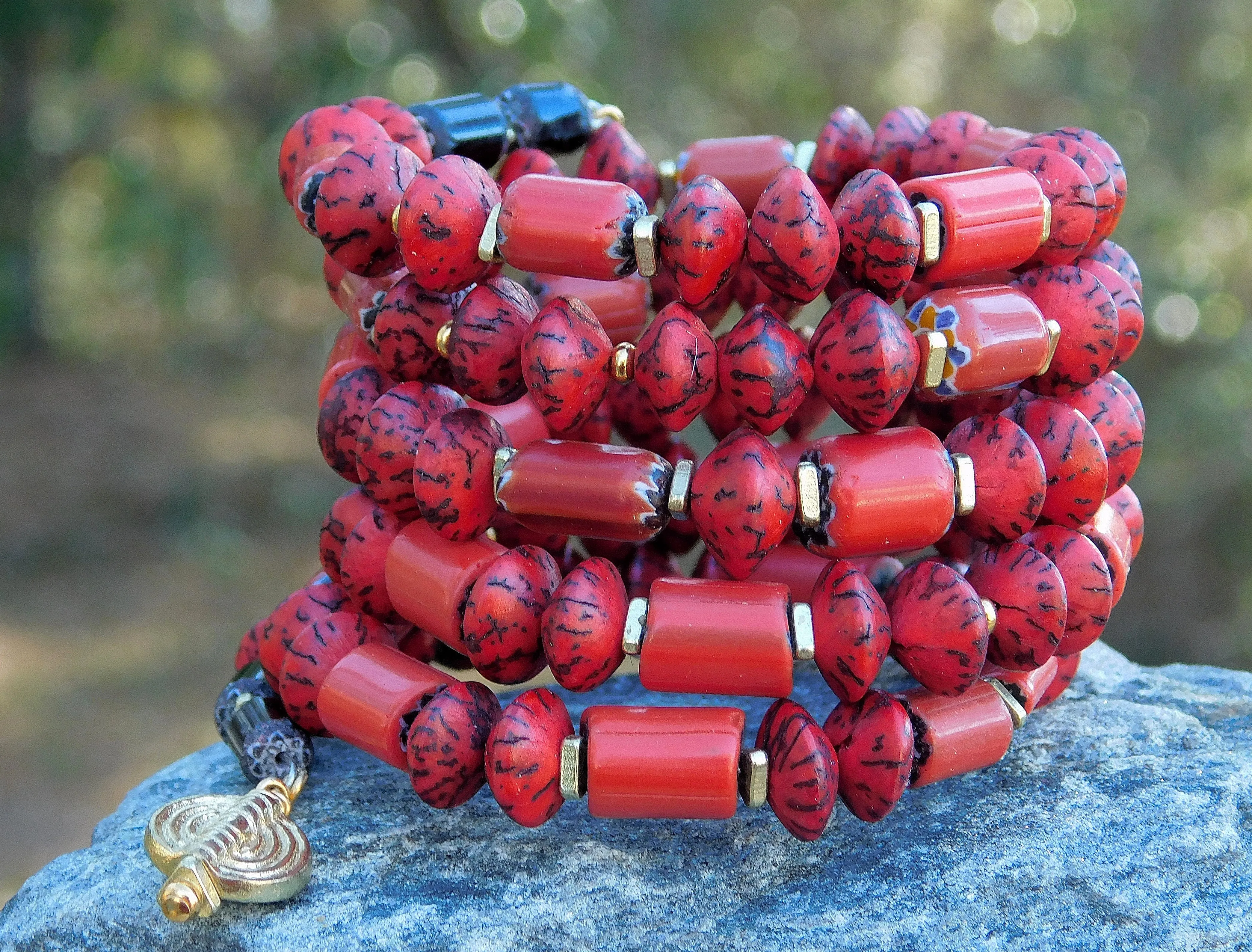 Red Salwag Natural Saucer Seed Bead Bangle