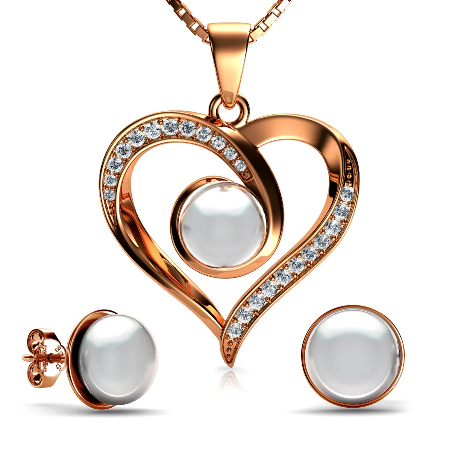 Rose Pearl Jewellery Set 18ct Gold Plated 925 Silver Heart Dephini