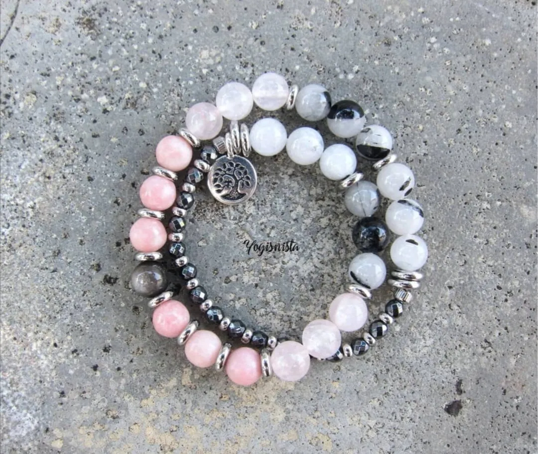 SALE - 27 Bead Mala in Pink Opal, Rose Quartz and Rutilated Quartz