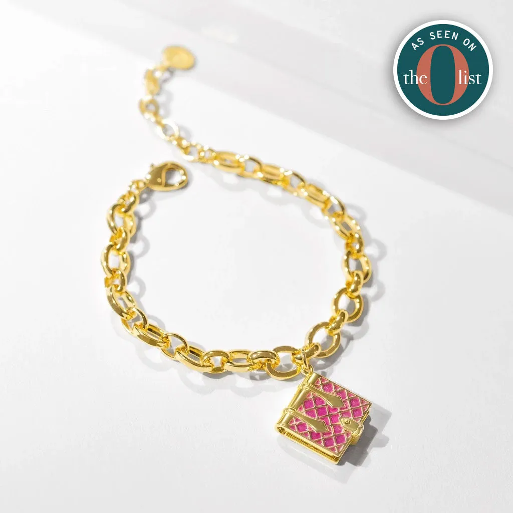 Secret Diary Book Bracelet (Magenta) - Gold