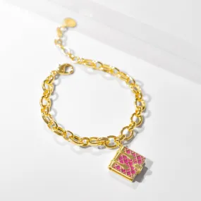 Secret Diary Book Bracelet (Magenta) - Gold