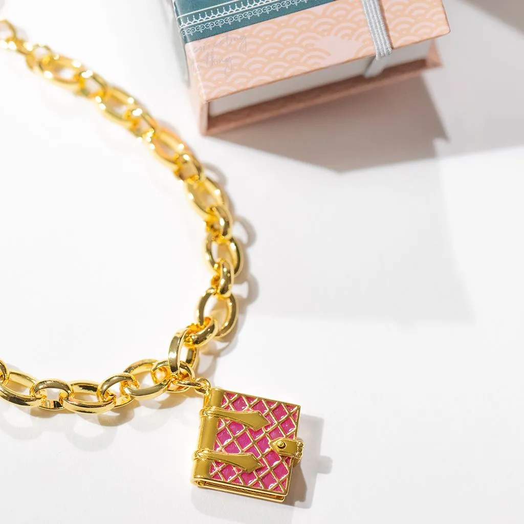 Secret Diary Book Bracelet (Magenta) - Gold