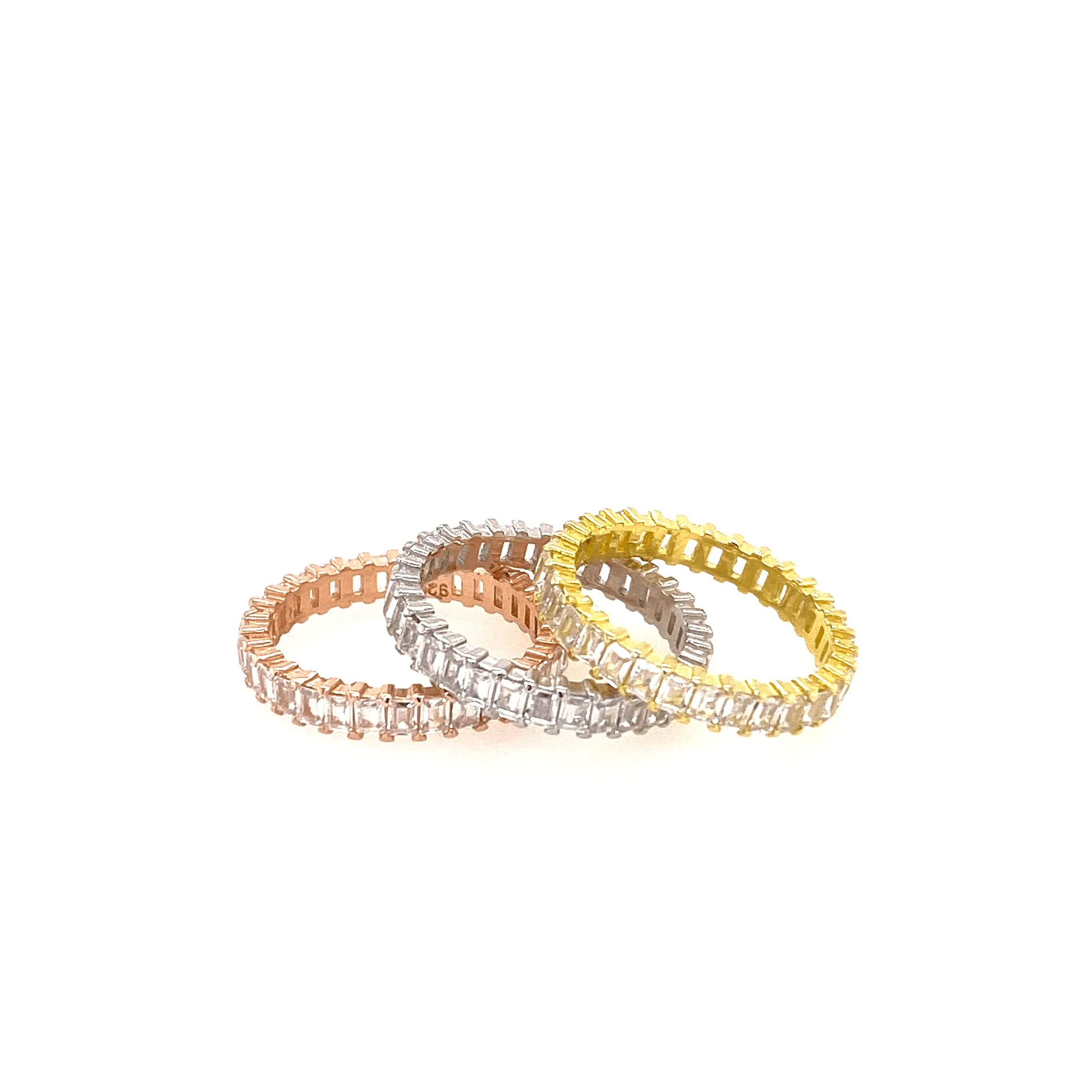 Set Of Tricolor Rings With CZ Baguette Stones