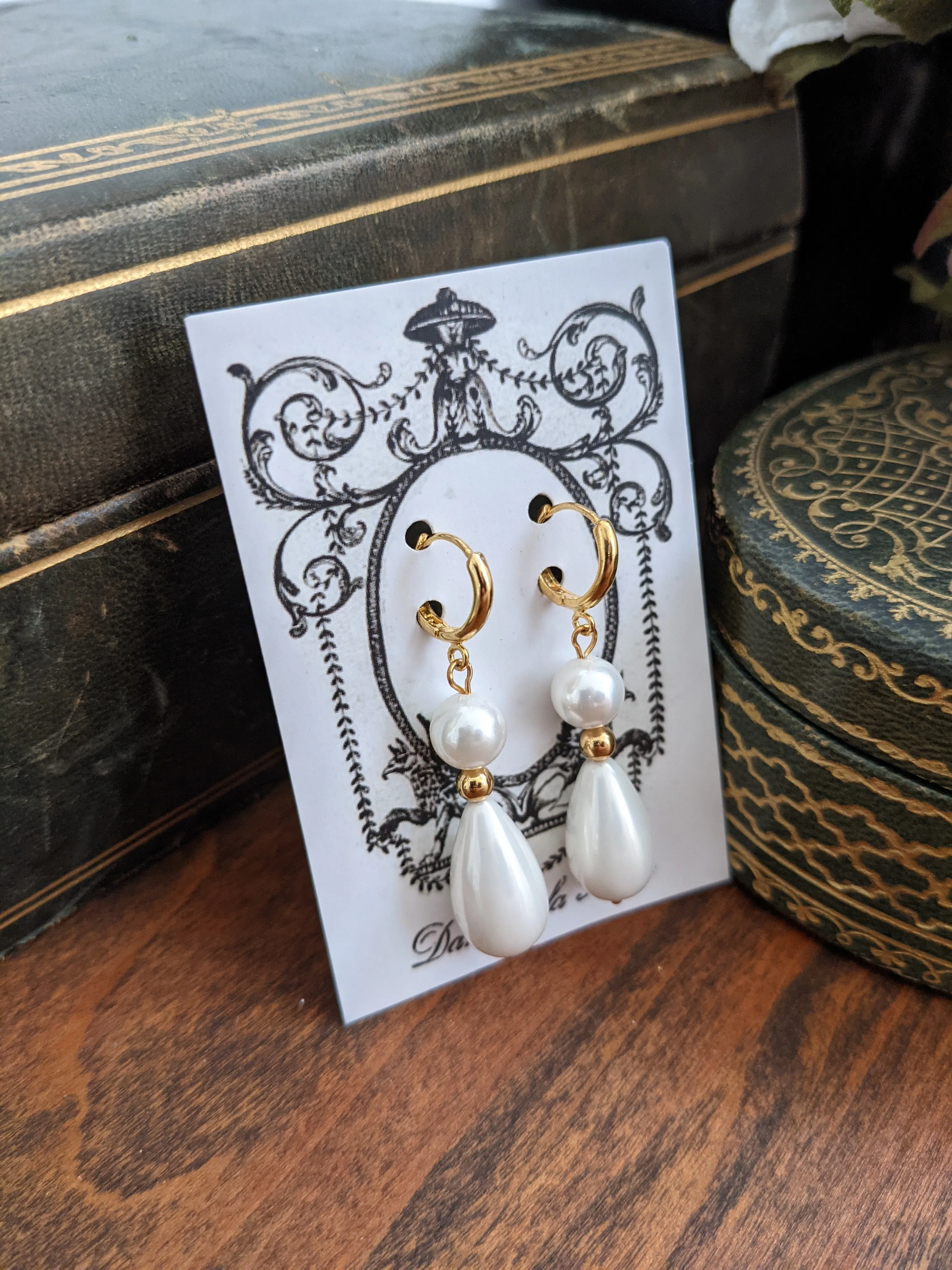 Shell Pearl Dangle Teardrops - 2 stone w/ golden spacer