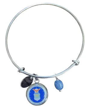 Silver Stainless Steel US Air Force Seal, Air Force Roundel, Air Force Trooper, Air Force Target, Air Force Wings or Air Force Thunderbirds Bangle Charm Bracelet