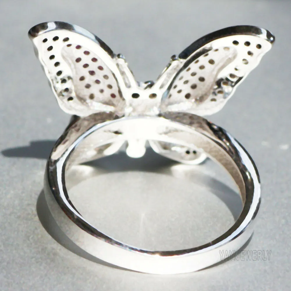 Sterling Silver Pink Black Micro-Pave Butterfly Ring