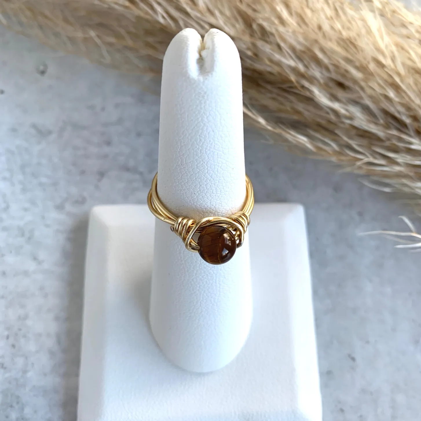 Tigers Eye Genie Wire Wrapped Ring Brass