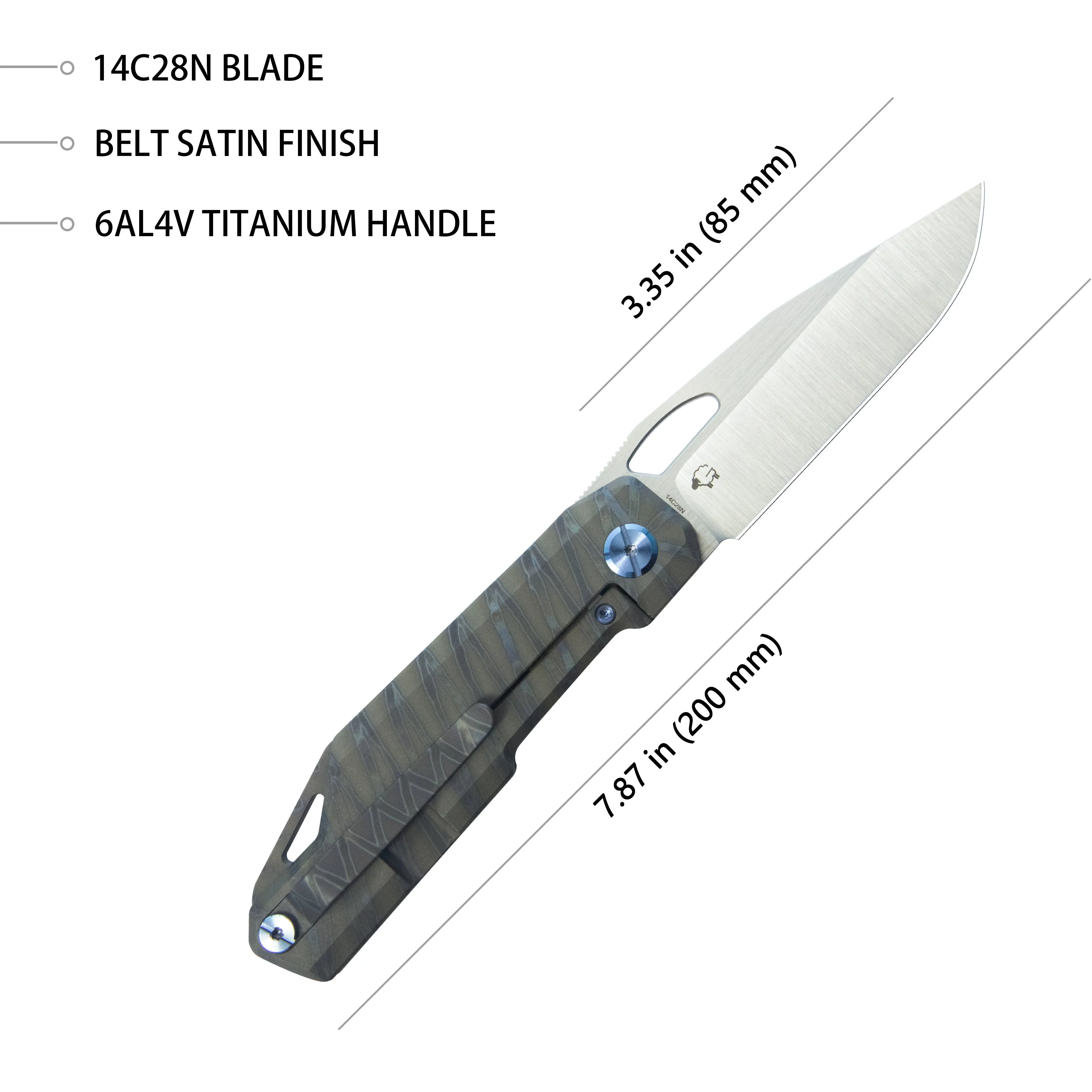 Verijero Fronter Flipper Pocket Folding Knife Flame 6AL4V Titanium Handle 3.35 Belt Satin 14C28N KB340C