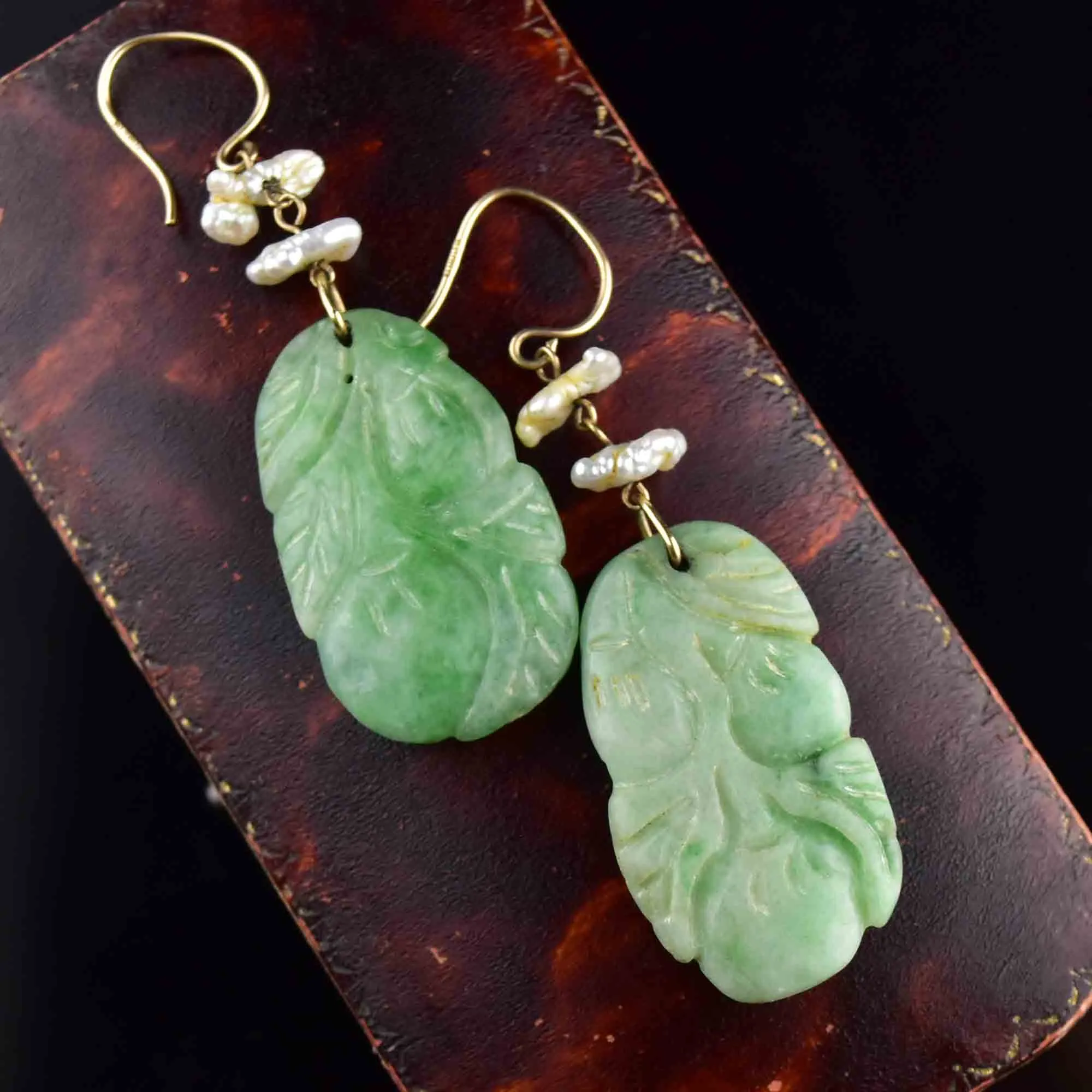 Vintage Carved Jade Baroque Pearl Drop Earrings