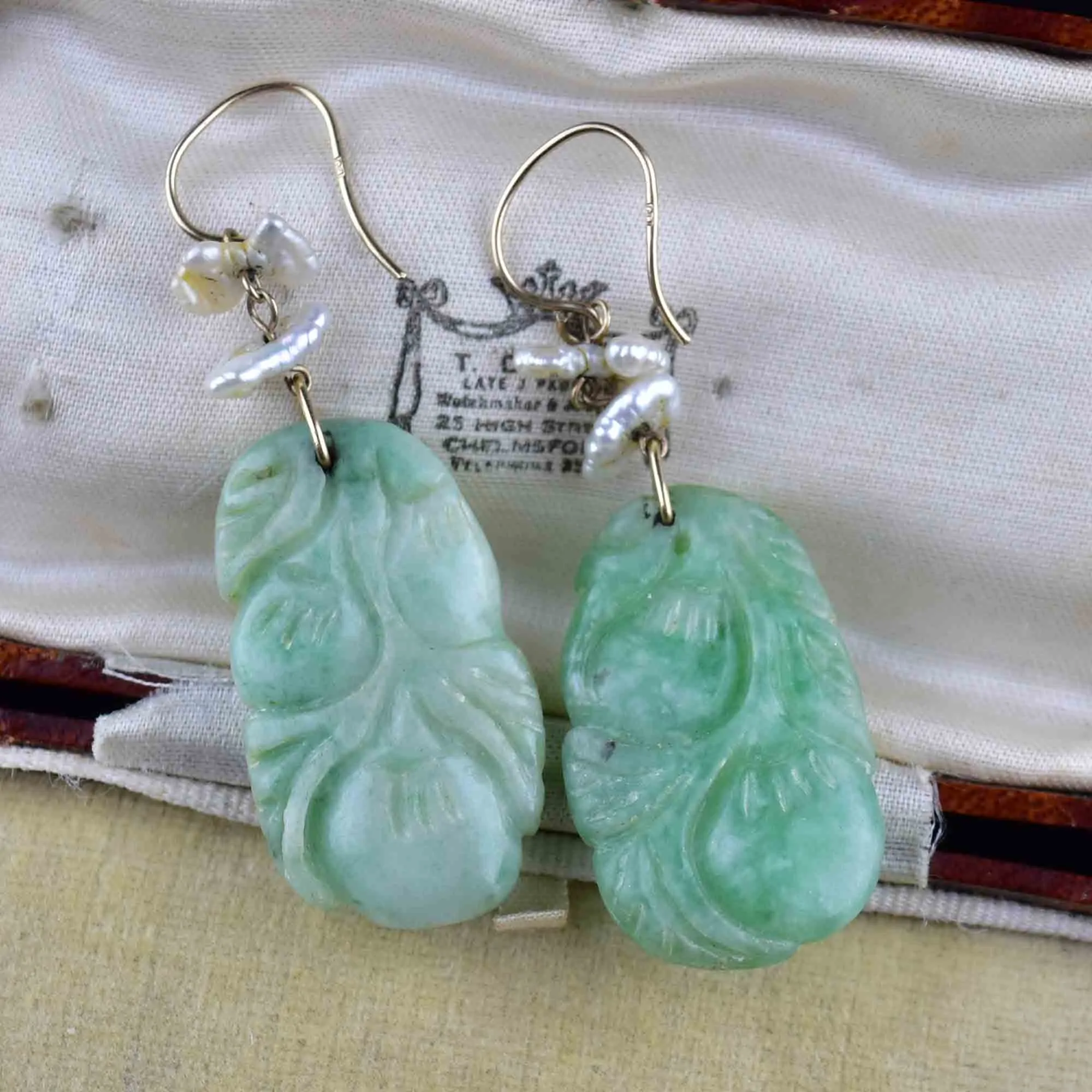 Vintage Carved Jade Baroque Pearl Drop Earrings