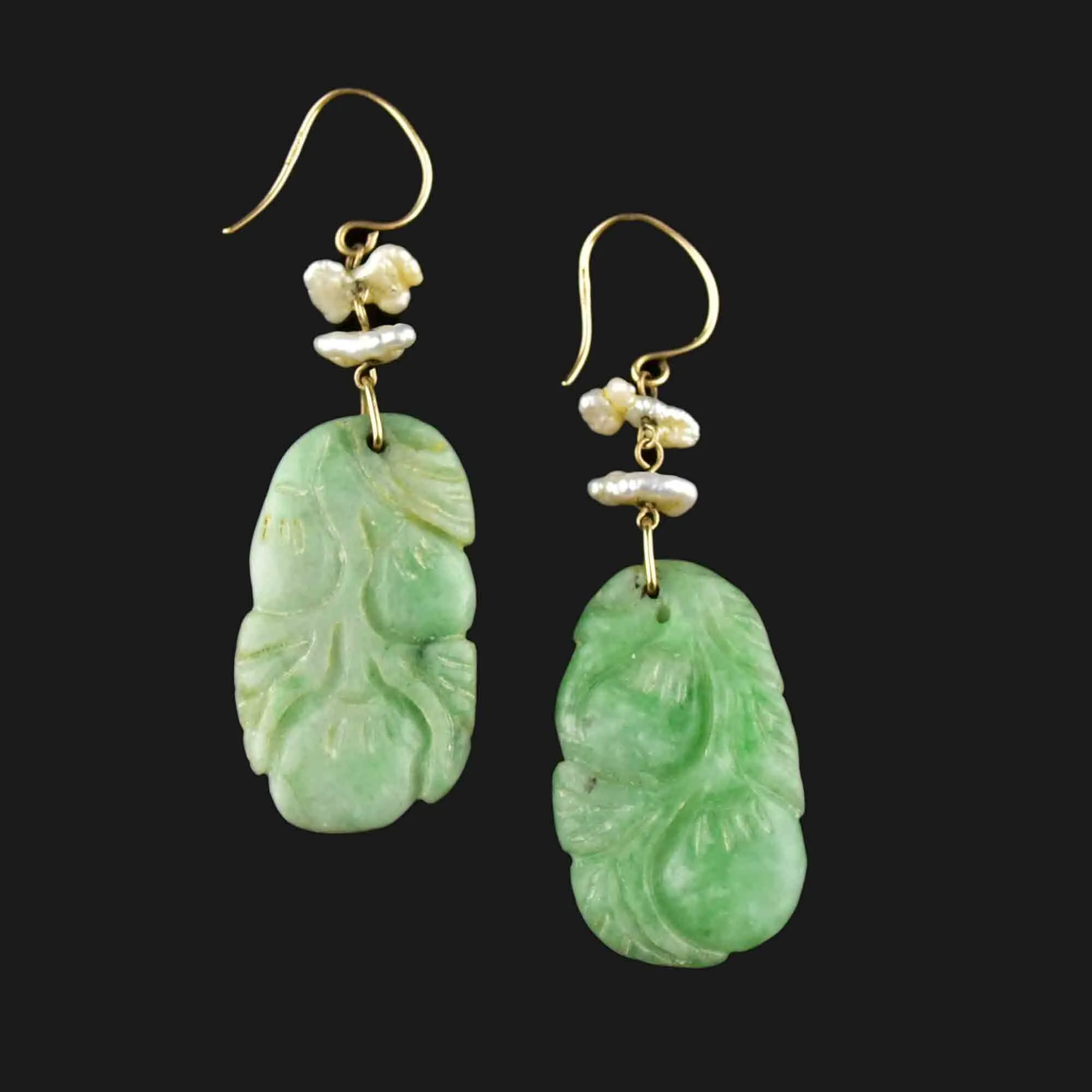 Vintage Carved Jade Baroque Pearl Drop Earrings