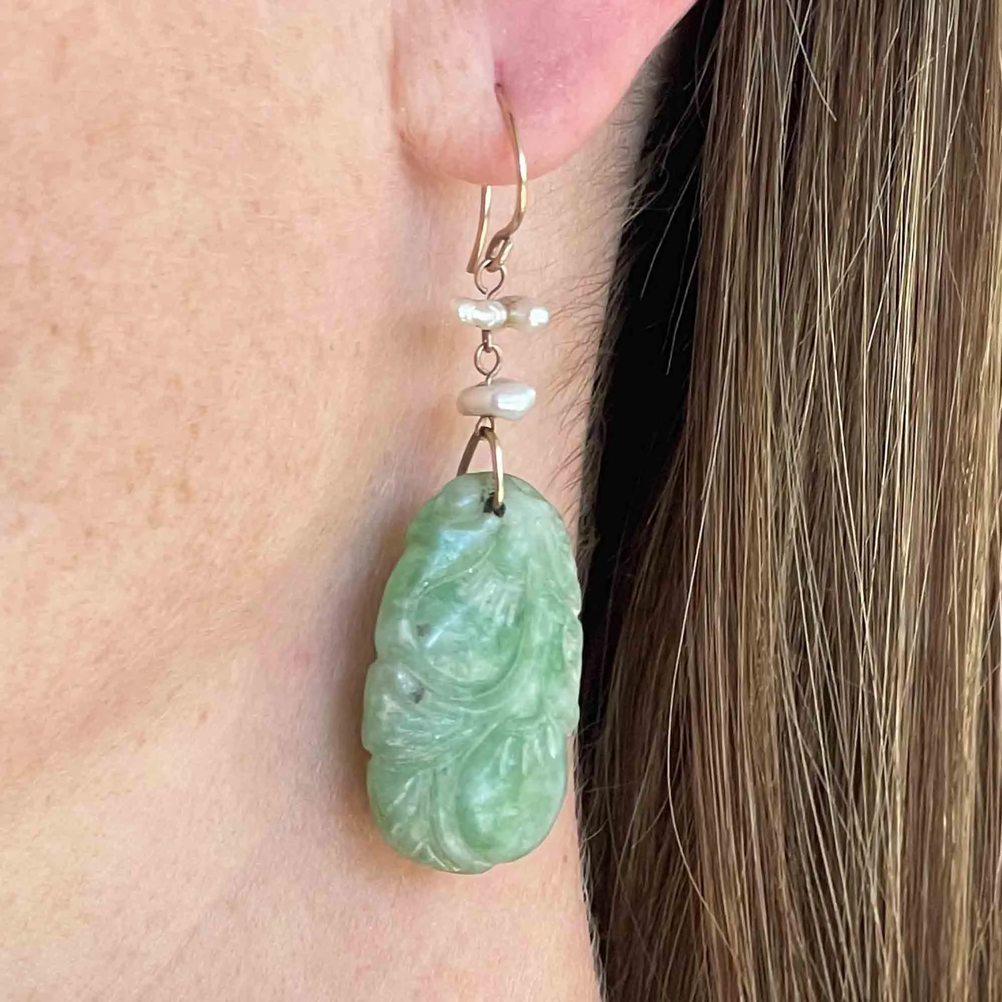 Vintage Carved Jade Baroque Pearl Drop Earrings