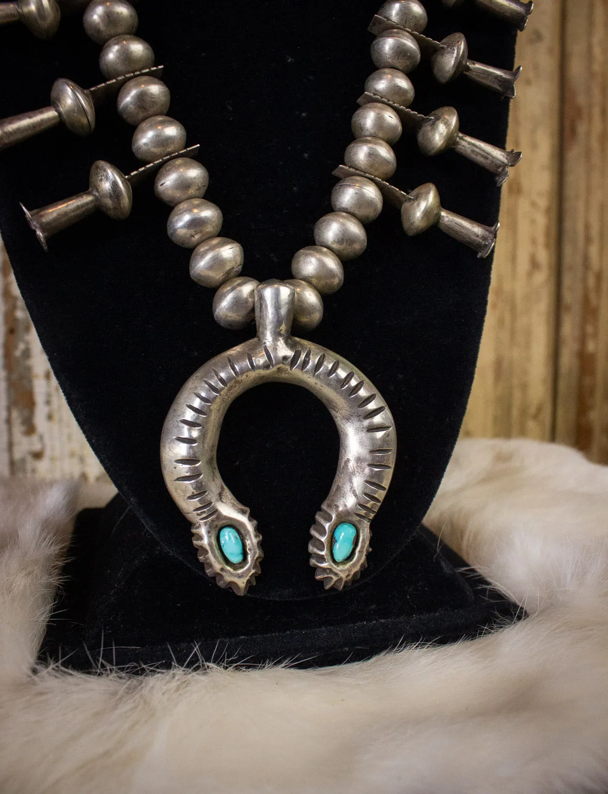 Vintage Navajo Squash Blossom Turquoise Sterling Silver Necklace 40s