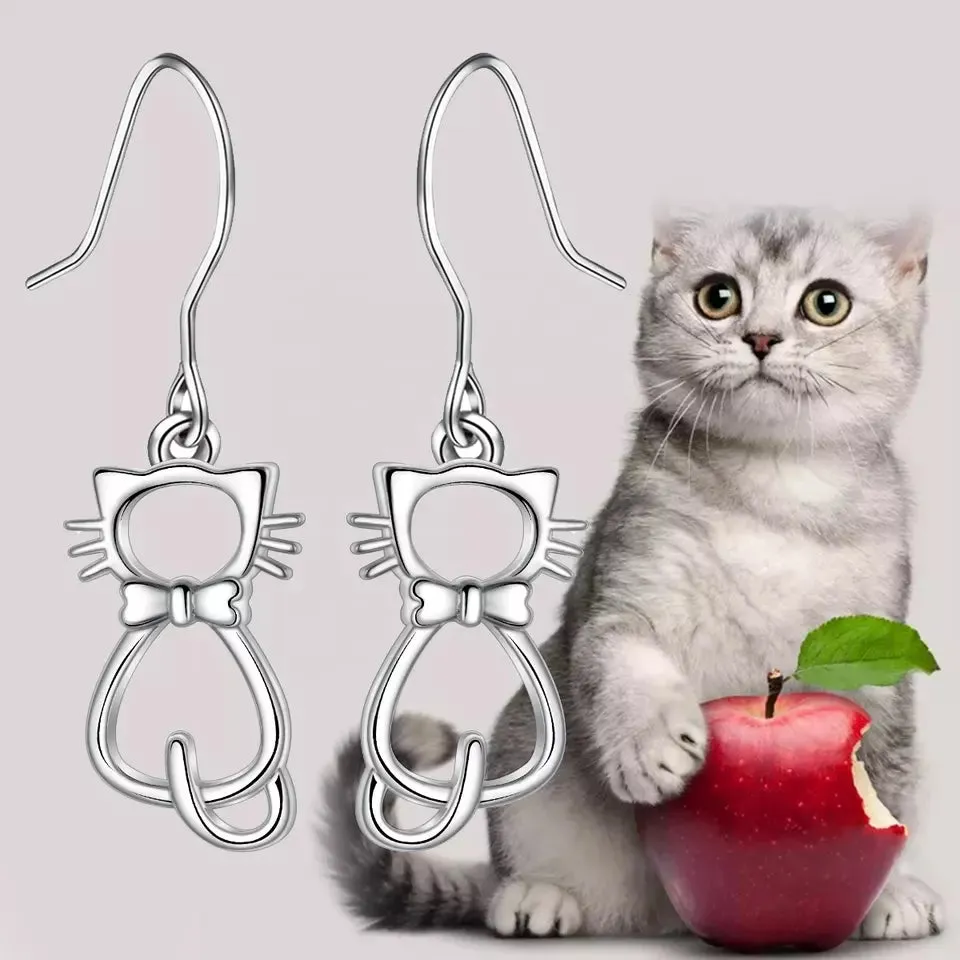 Whiskered Cat Drop Earrings in Solid 925 Sterling Silver