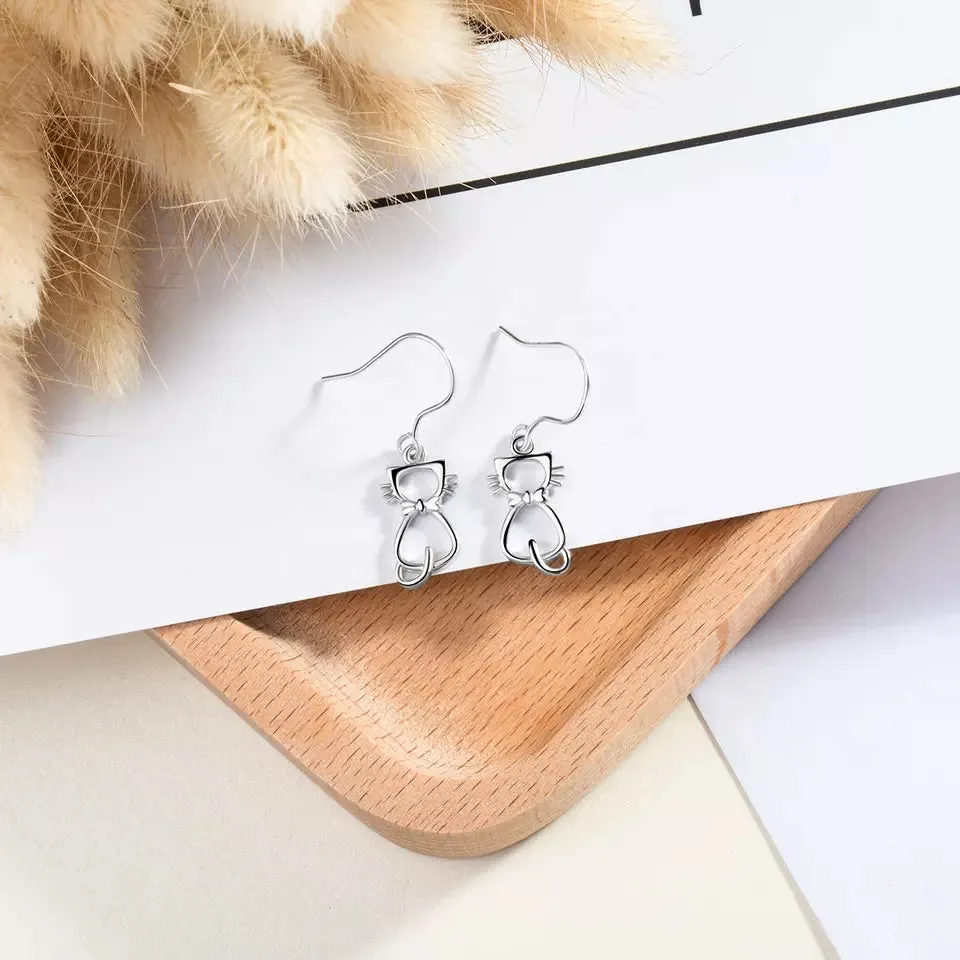 Whiskered Cat Drop Earrings in Solid 925 Sterling Silver